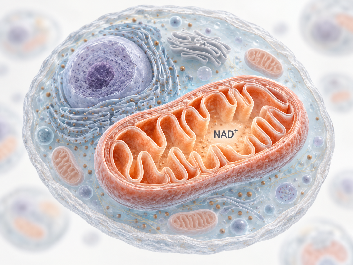 Ilustrační řez buňkou s mitochondrií a označením koenzymu NAD+